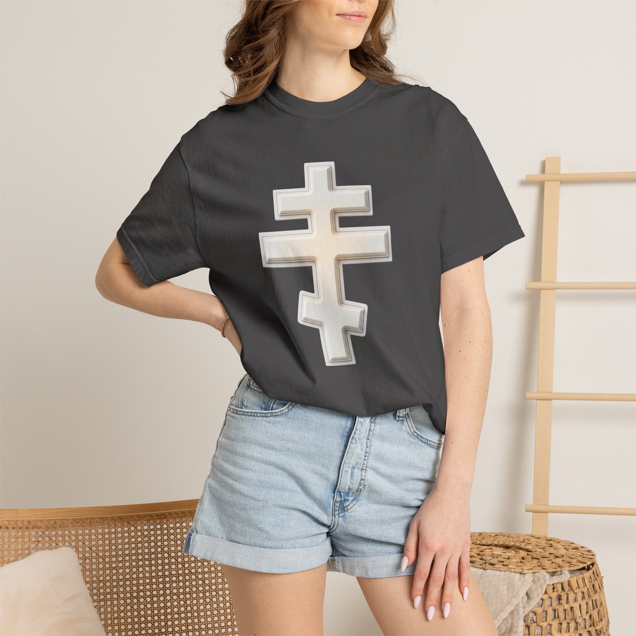 Classic white classic Orthodox cross design on a heavyweight garment-dyed t-shirt