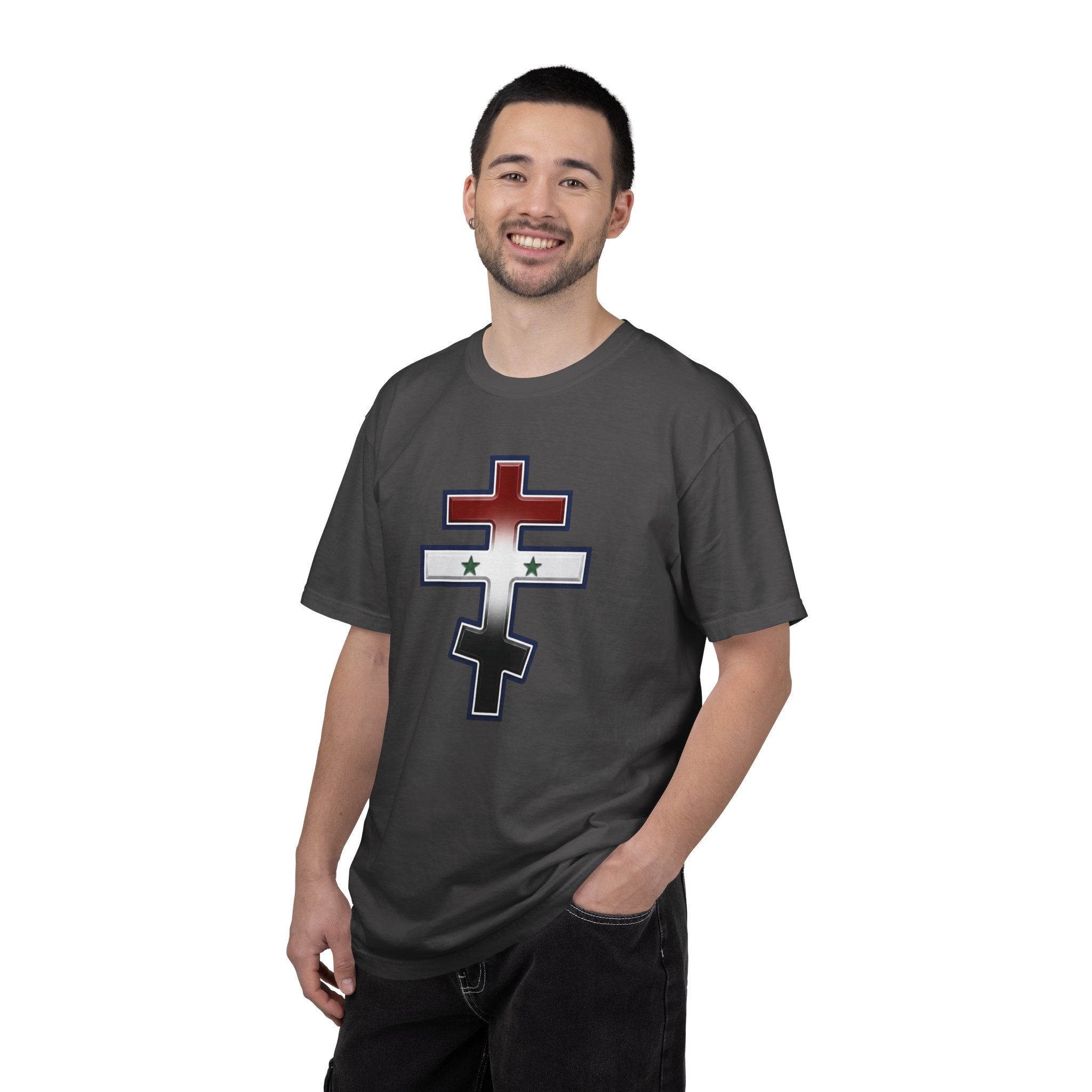 Syrian Orthodox Cross design on a heavyweight garment-dyed t-shirt