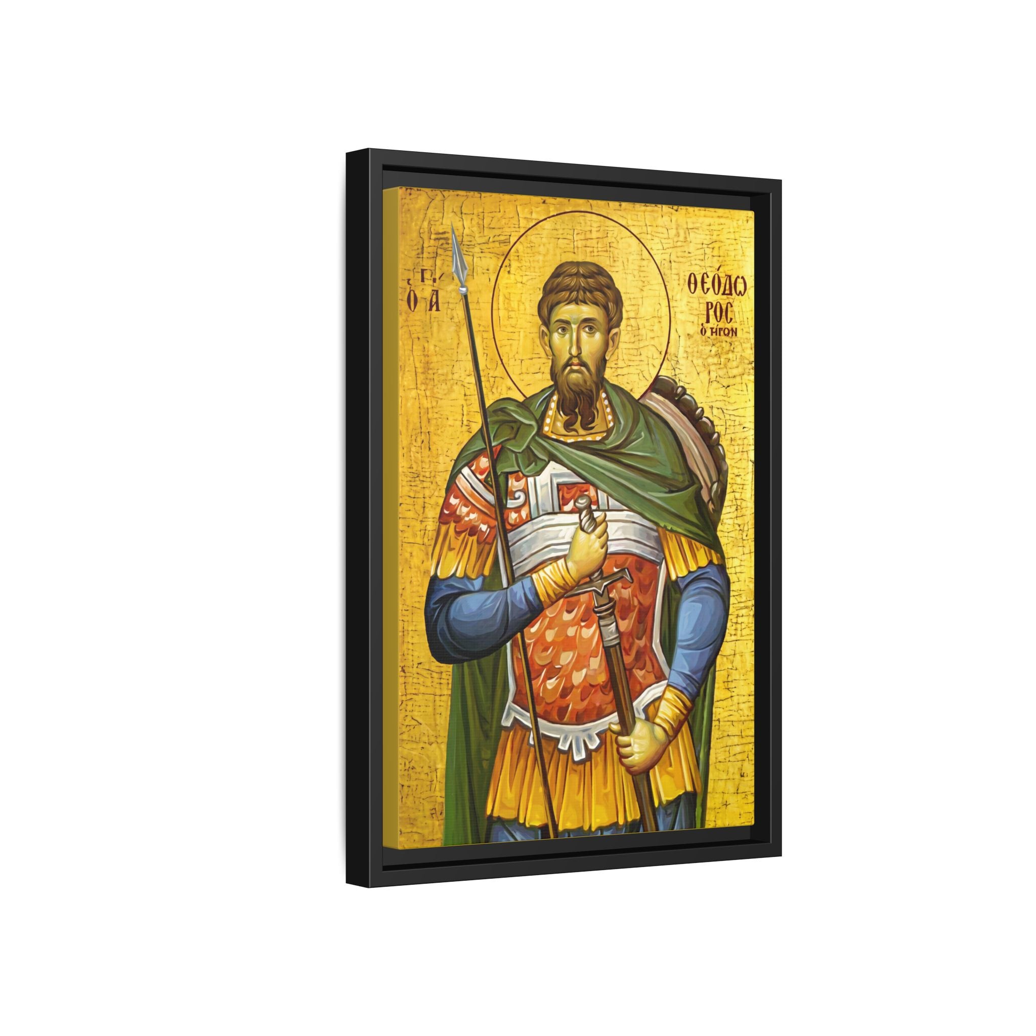 Framed canvas icon of Saint Theodore Tiron, traditional Orthodox Christian artwork