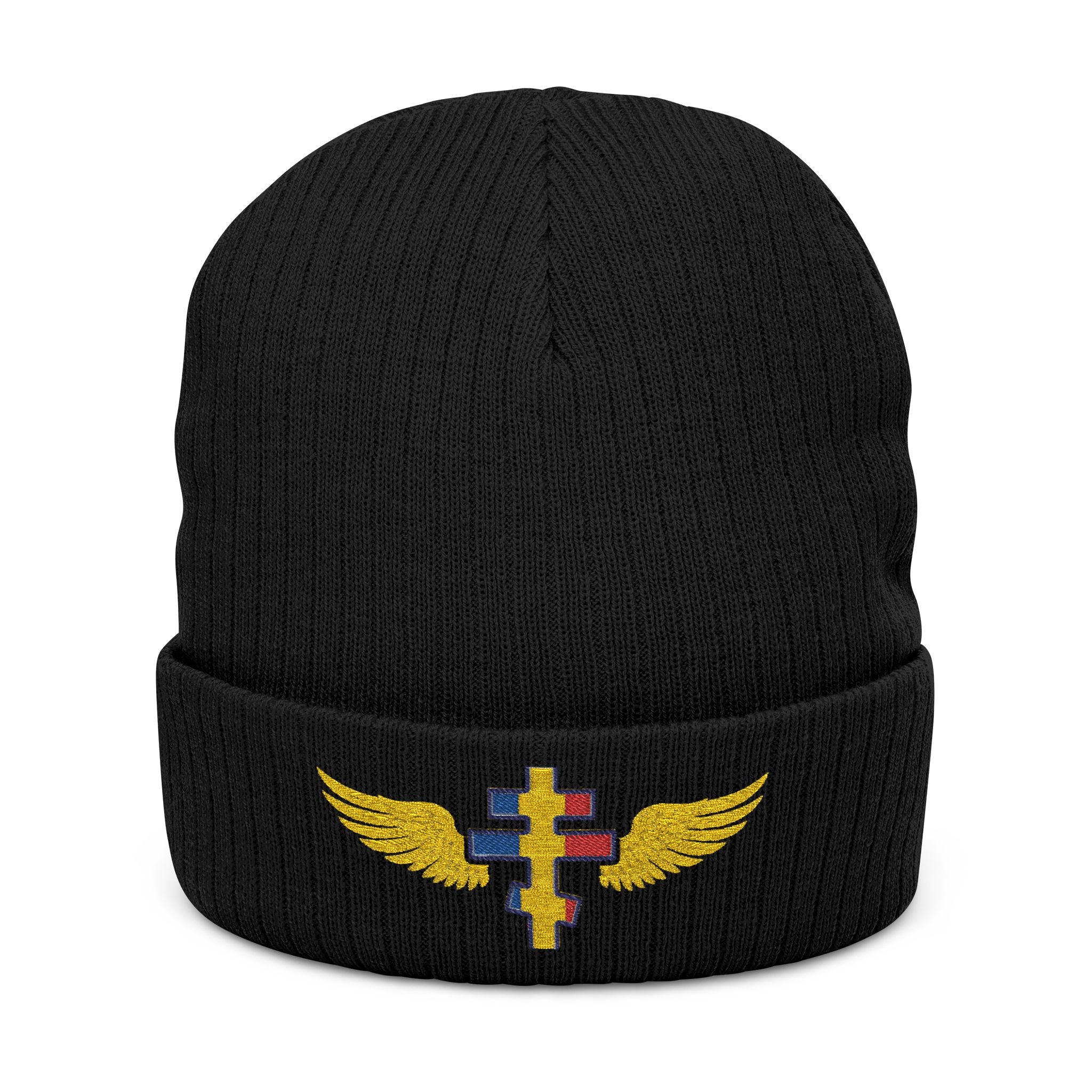 Moldovan Orthodox cross with wings embroidered on ribbed knit beanie