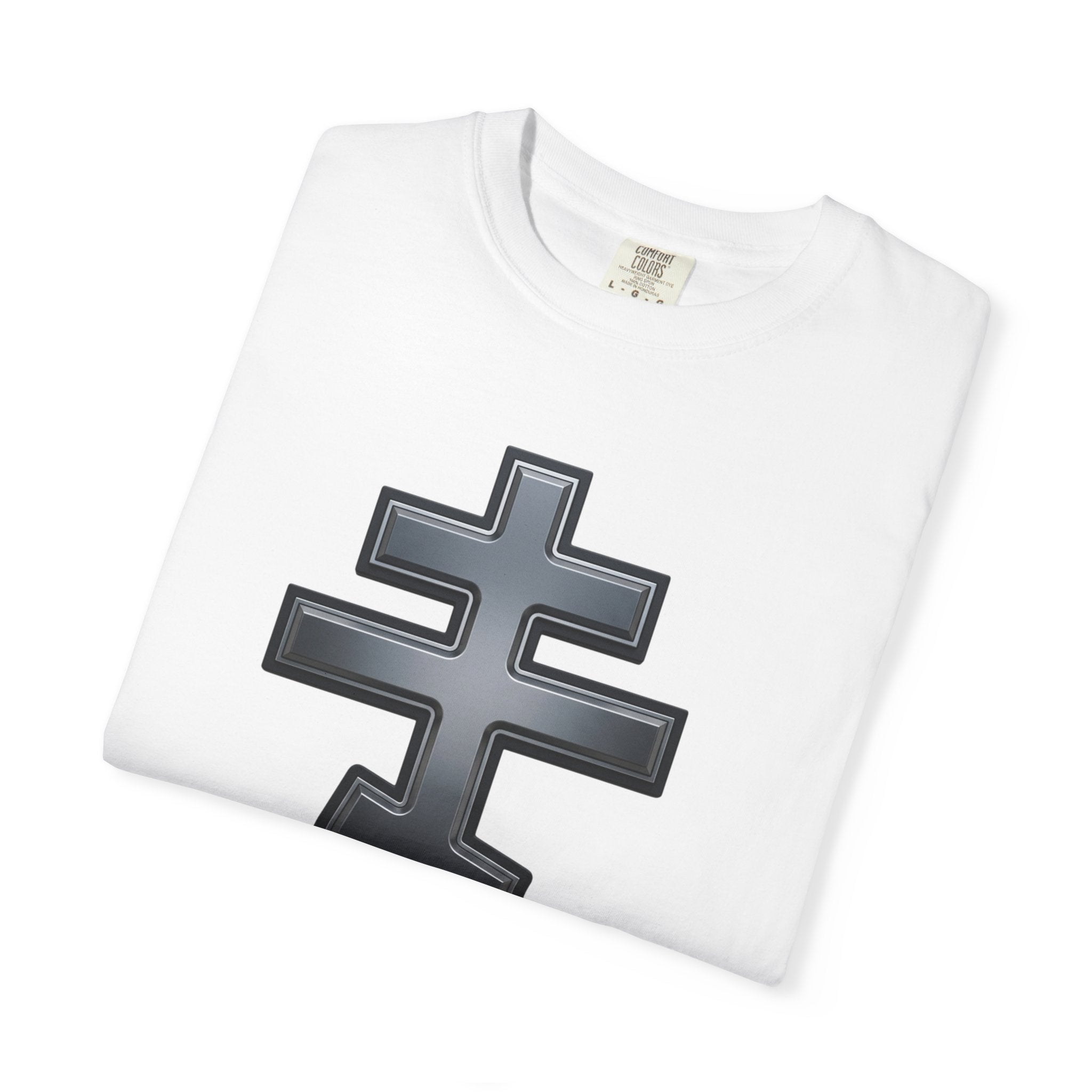 Classic black classic Orthodox cross design on a heavyweight garment-dyed t-shirt