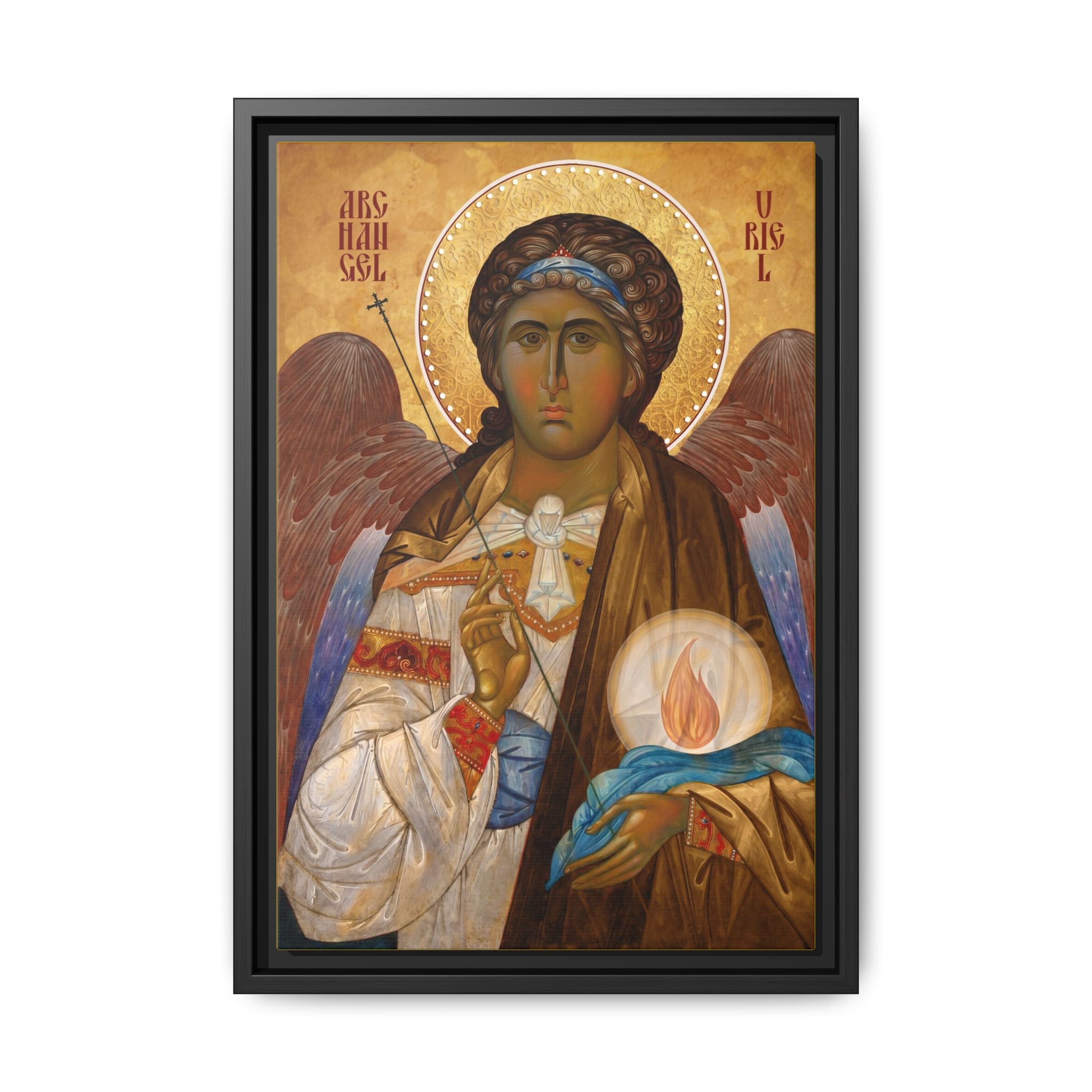 Framed canvas icon of Archangel Uriel, traditional Orthodox Christian artwork