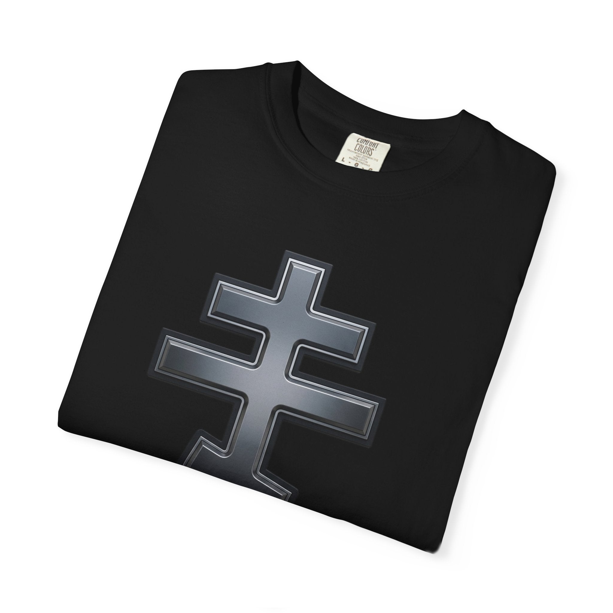 Classic black classic Orthodox cross design on a heavyweight garment-dyed t-shirt