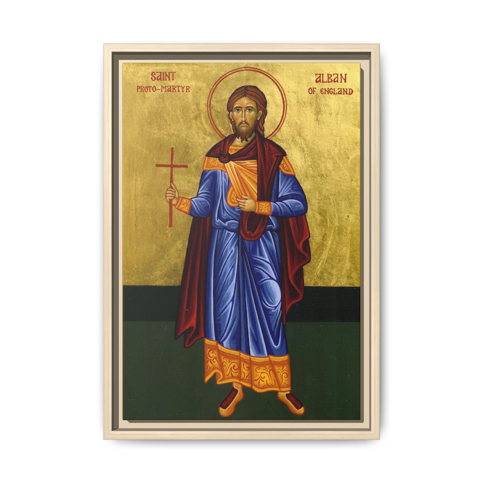 Framed canvas icon of Saint Alban the Protomartyr of Britain, traditional Orthodox Christian artwork