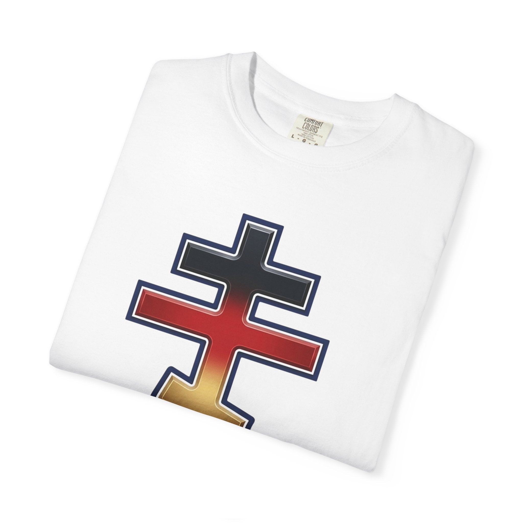 German Orthodox Cross design on a heavyweight garment-dyed t-shirt