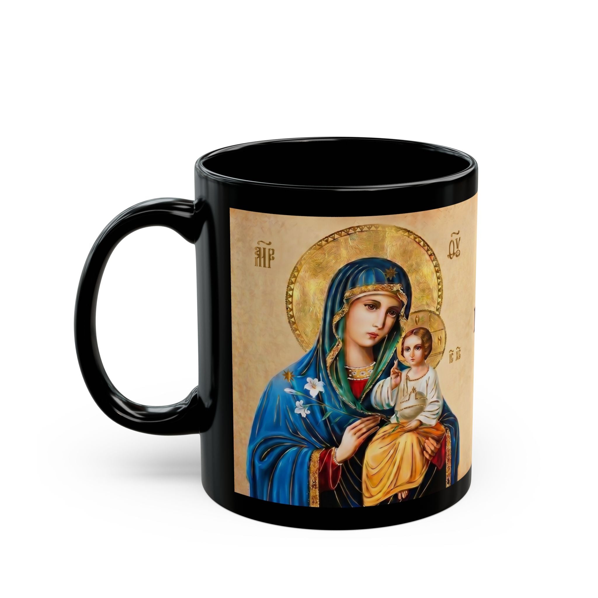 Theotokos Eternal Bloom Orthodox Christian Black Coffee Mug — Orthodox Christian Gift