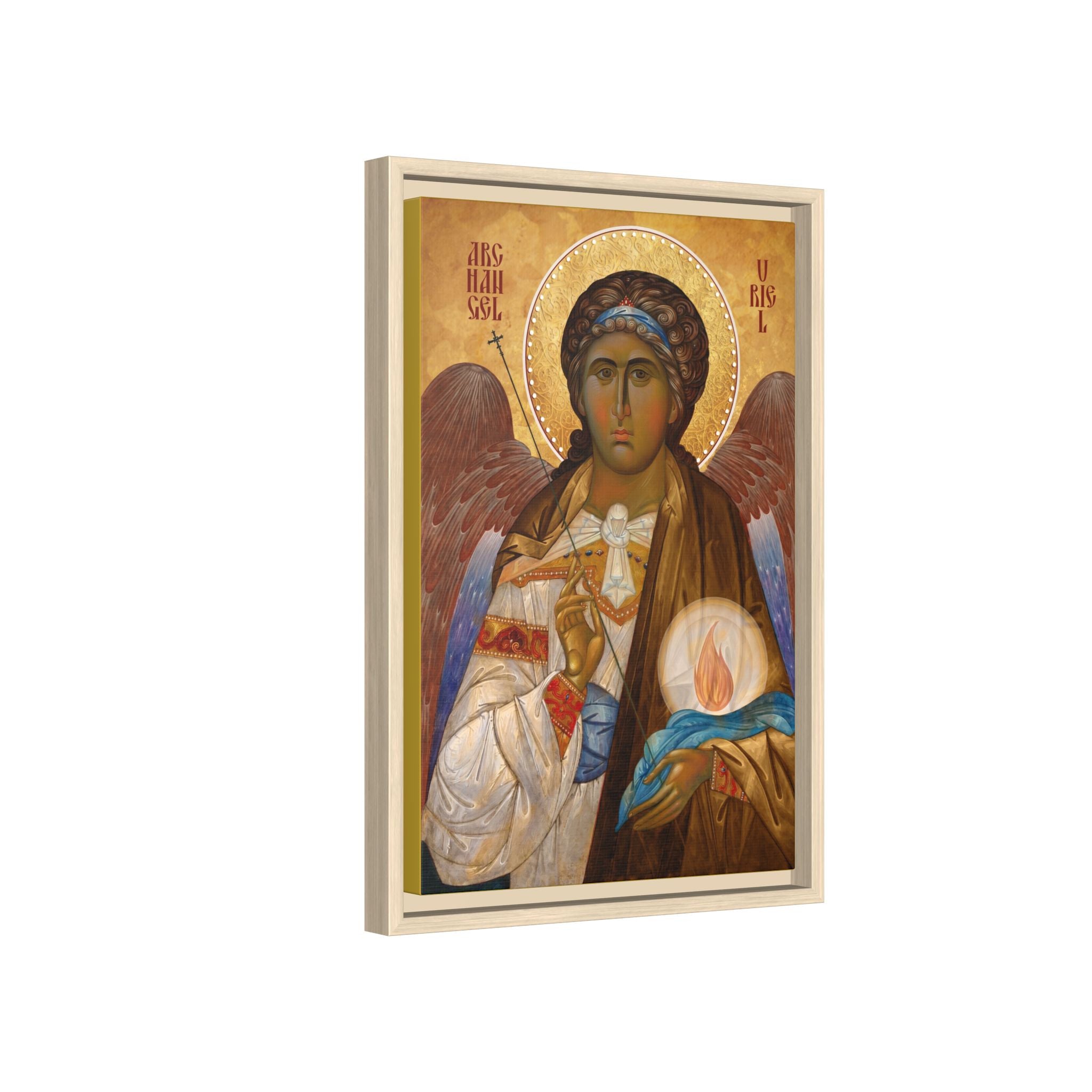 Framed canvas icon of Archangel Uriel, traditional Orthodox Christian artwork