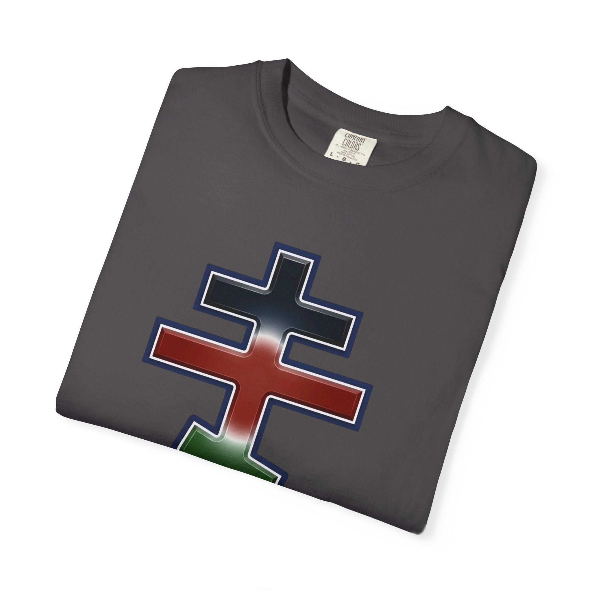 Kenyan Orthodox Cross design on a heavyweight garment-dyed t-shirt