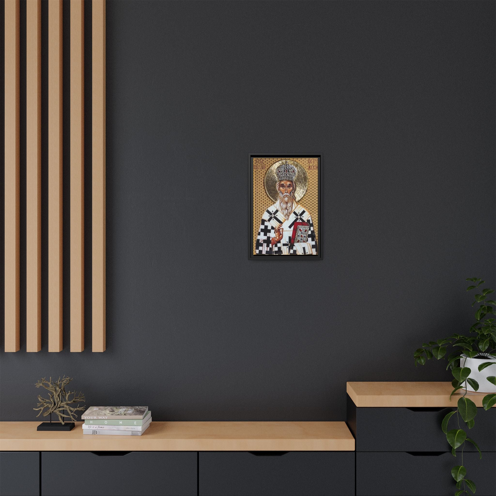 Framed canvas icon of Saint Basil of Ostrog, traditional Orthodox Christian artwork