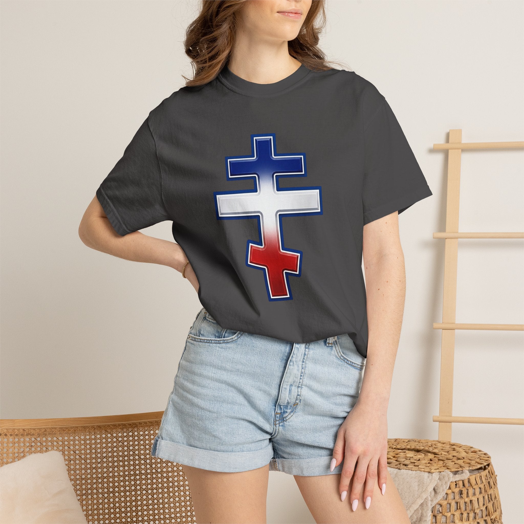 French Orthodox Cross design on a heavyweight garment-dyed t-shirt