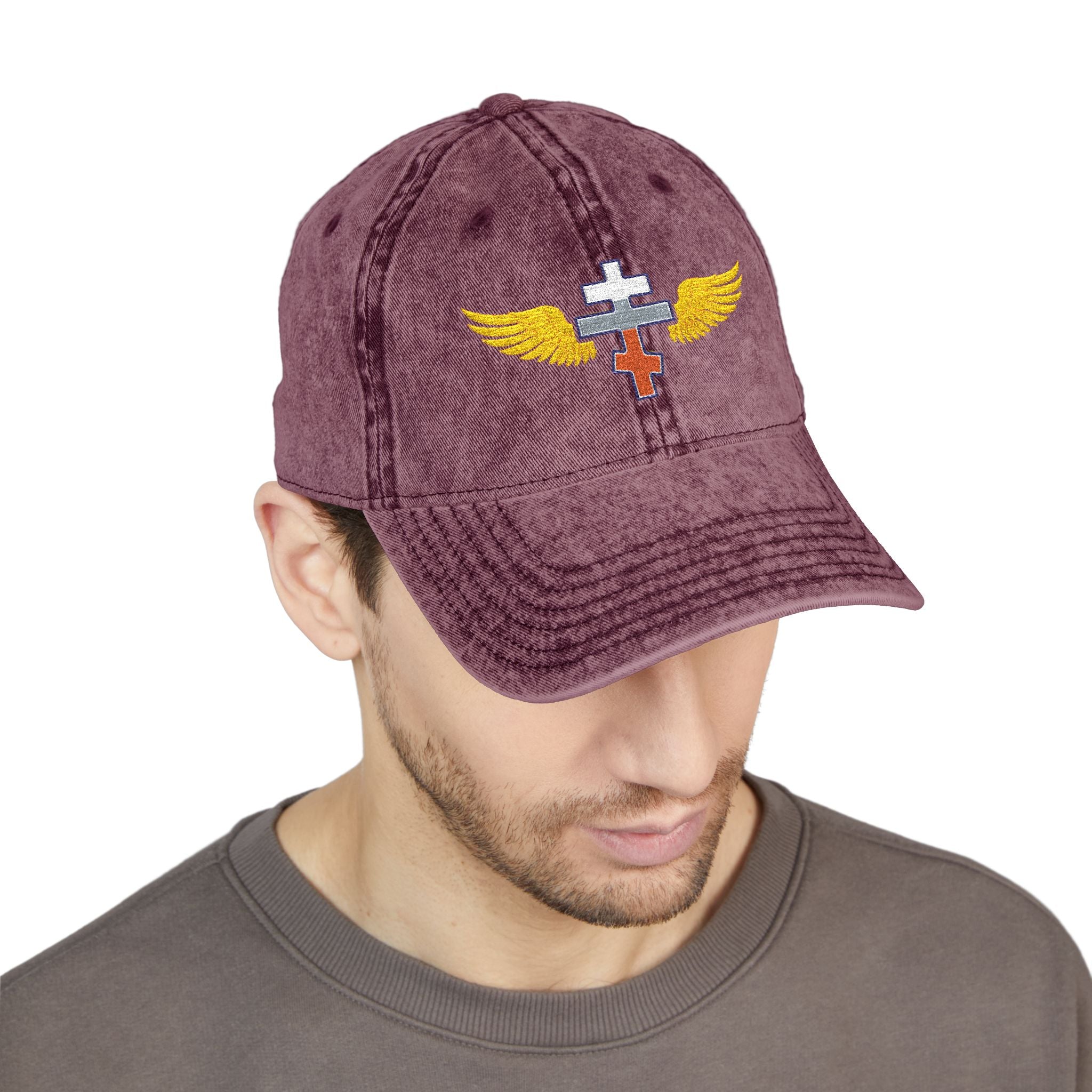 Slovak Orthodox cross with wings embroidered on vintage cotton twill cap -- additional view 16