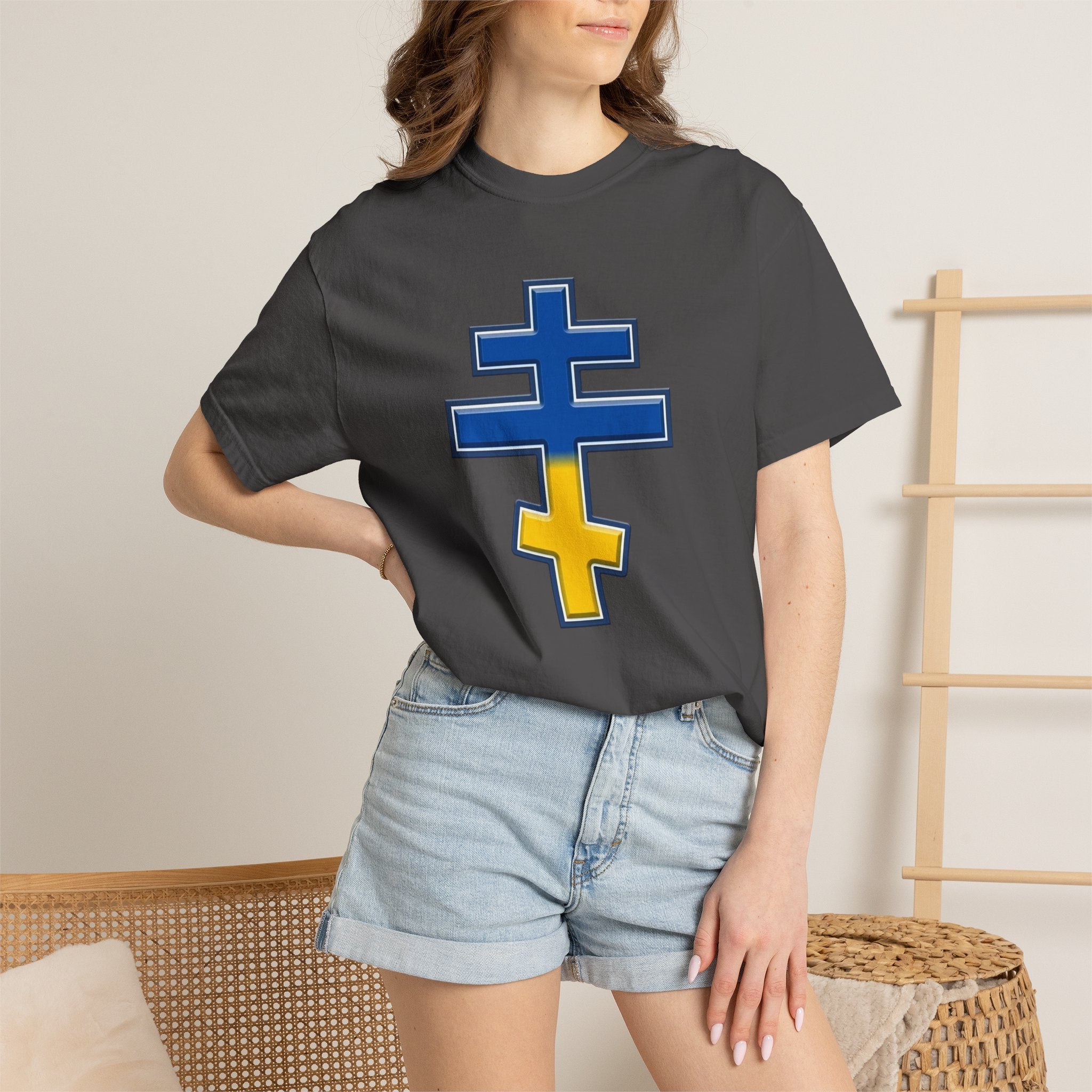 Ukrainian Orthodox Cross design on a heavyweight garment-dyed t-shirt