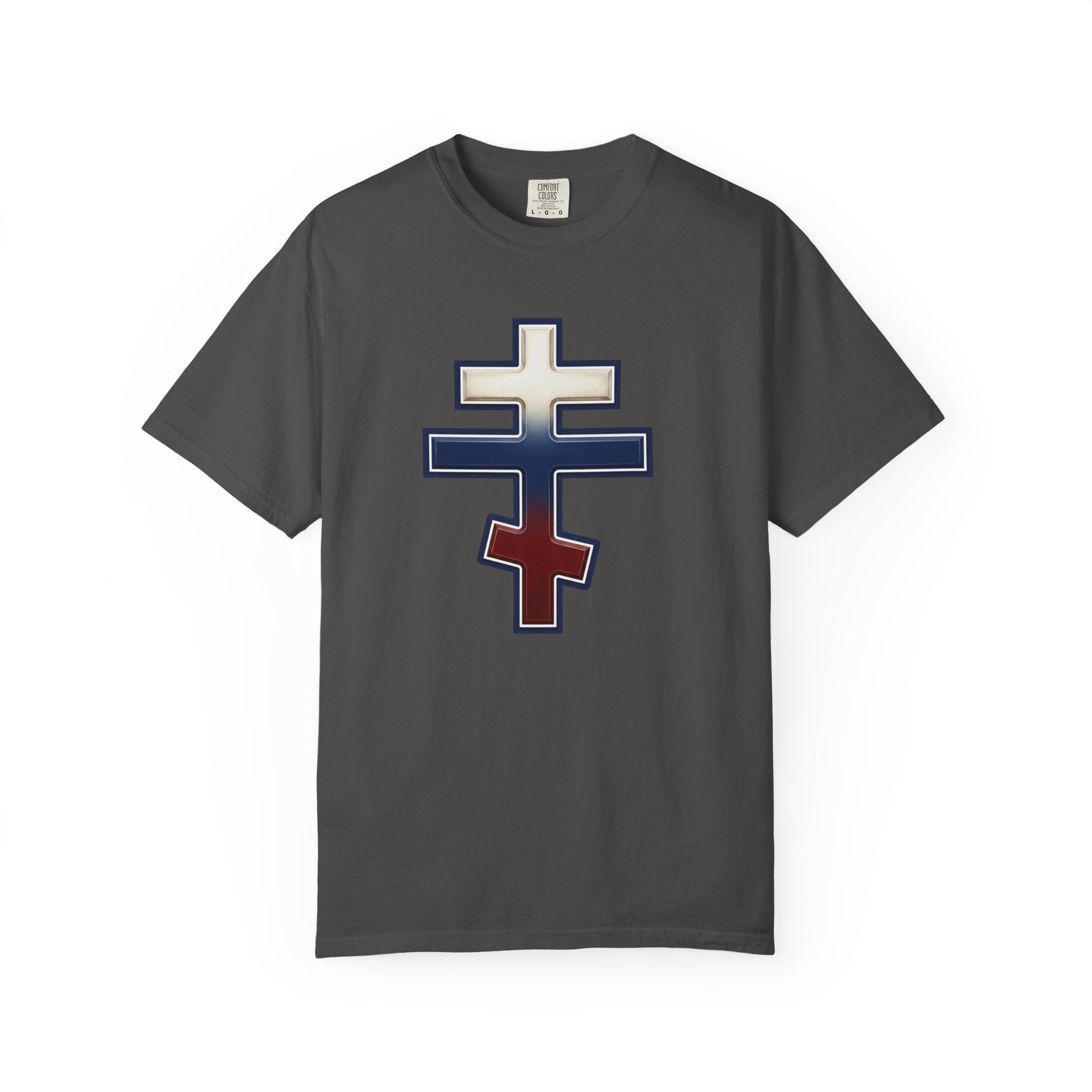 Russian Orthodox Cross design on a heavyweight garment-dyed t-shirt