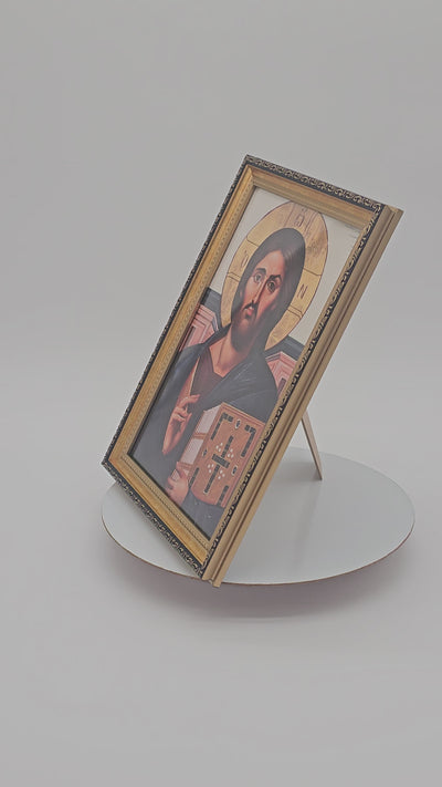 Christ The Pantocrator framed Orthodox icon, A4, Ornate Gold frame, solid birch wood