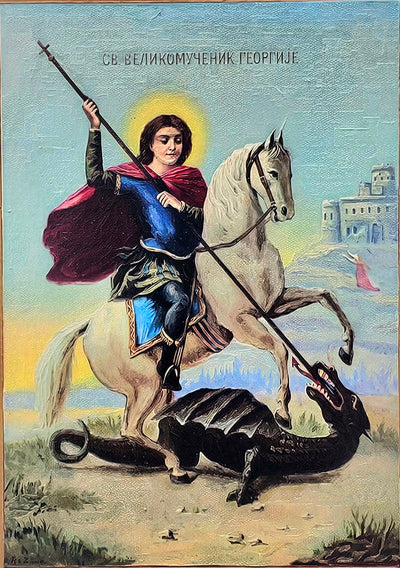 Saint George the Great Martyr framed Orthodox icon, close-up view