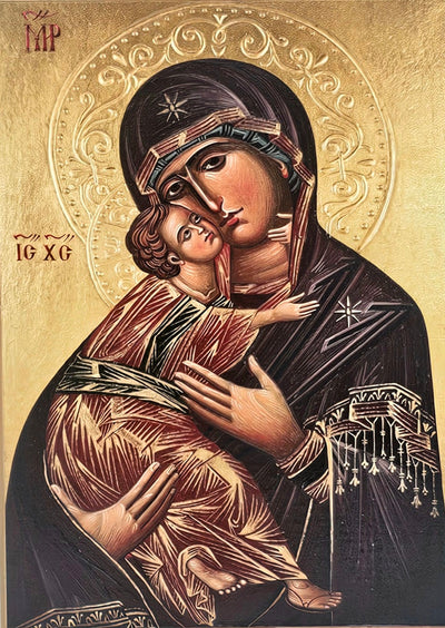 Theotokos of Vladimir framed Orthodox icon, close-up view